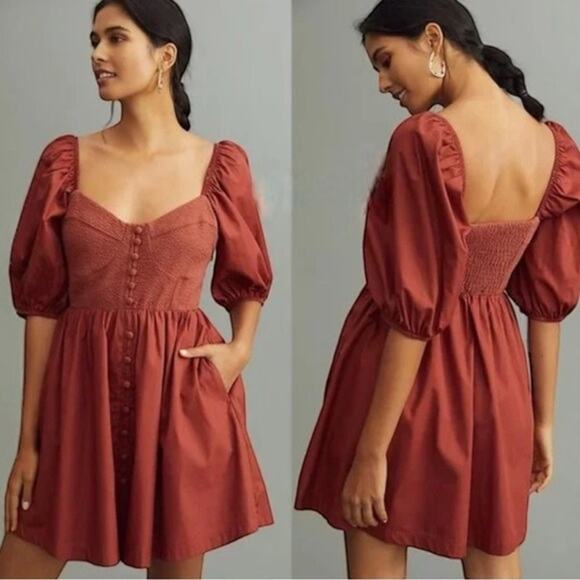 NEW Maeve Puff-Sleeved Sweetheart Mini Dress Burnt Sienna S - Picture 1 of 11